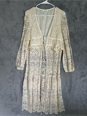 Forte Sheer Lace Tiered Maxi Duster Cardigan XL Cream fairy whimsigoth cottage